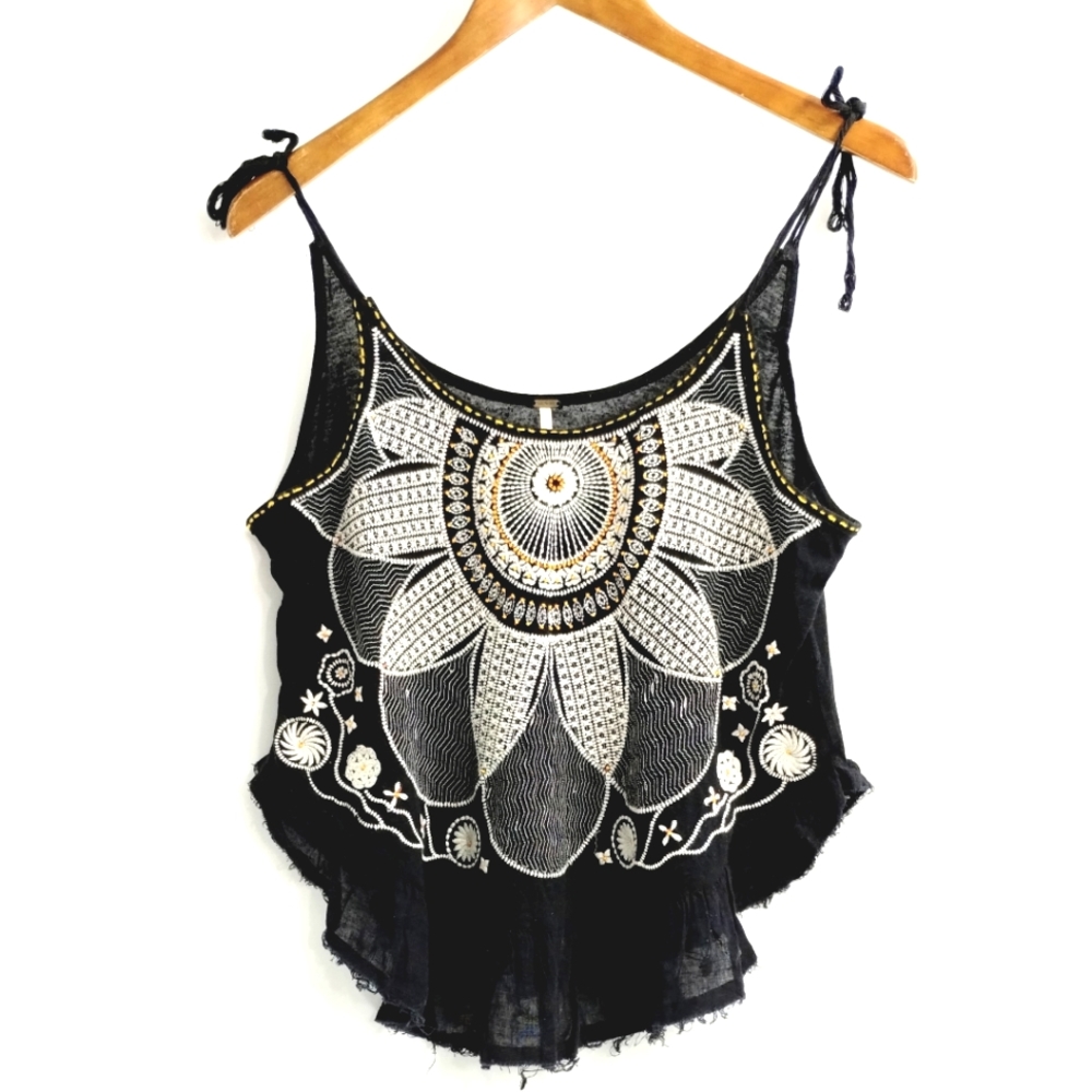 Free People Black Embroidered Linen Blend Tank Top